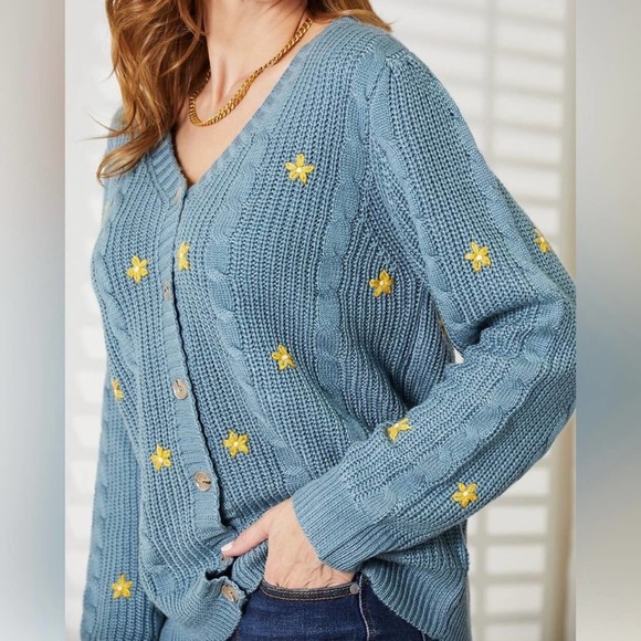 NEW HEYSON PLUS + REG SIZE Floral Embroidered Chunky Cable Knit Cardigan Sweater - Picture 9 of 12